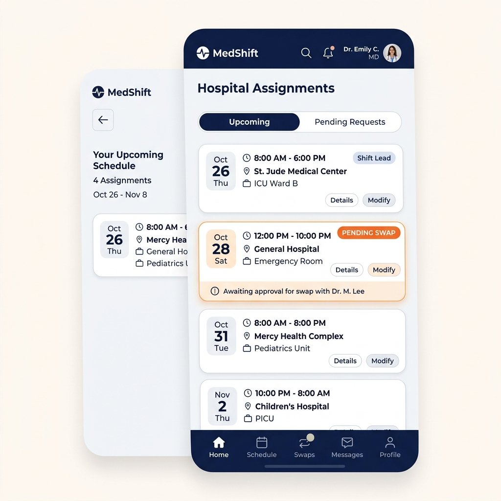 Mobile app UI showing upcoming shifts